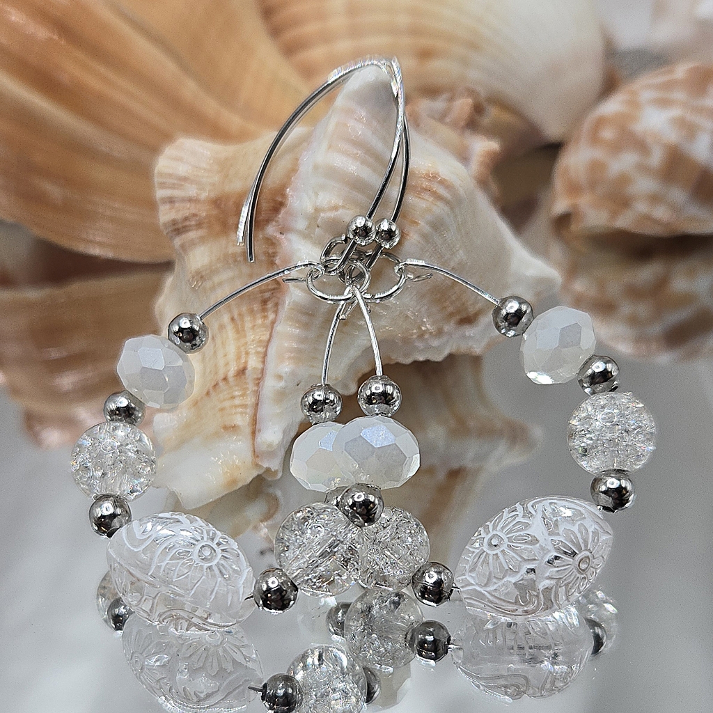 Elegant Silver And White Beaded Earrings
